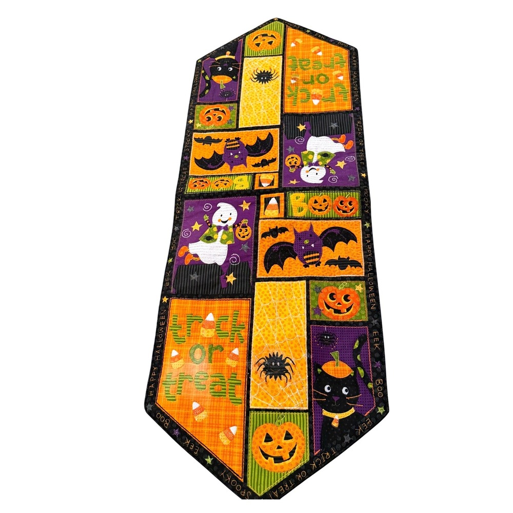 Quilted Halloween Trick or Treat Table Runner Ghost Cat Bat Pumpkin Sparkle